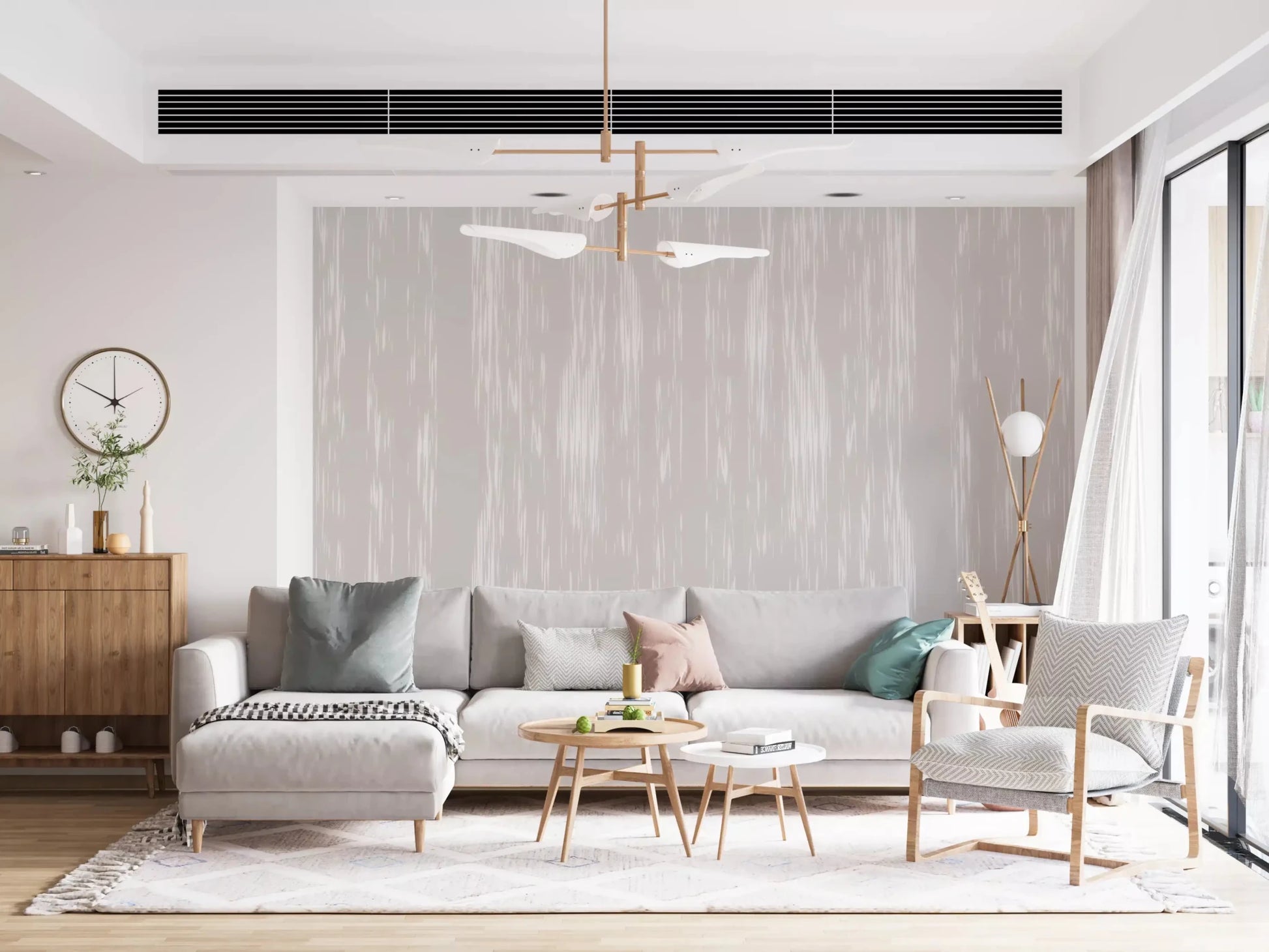 Painterly streaks build a quiet sense of motion across the neutral wall mural.GD9597