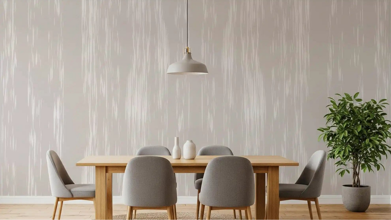 Neutral streaks wall mural lifts the calm mood of a refined dining room.
GD9597