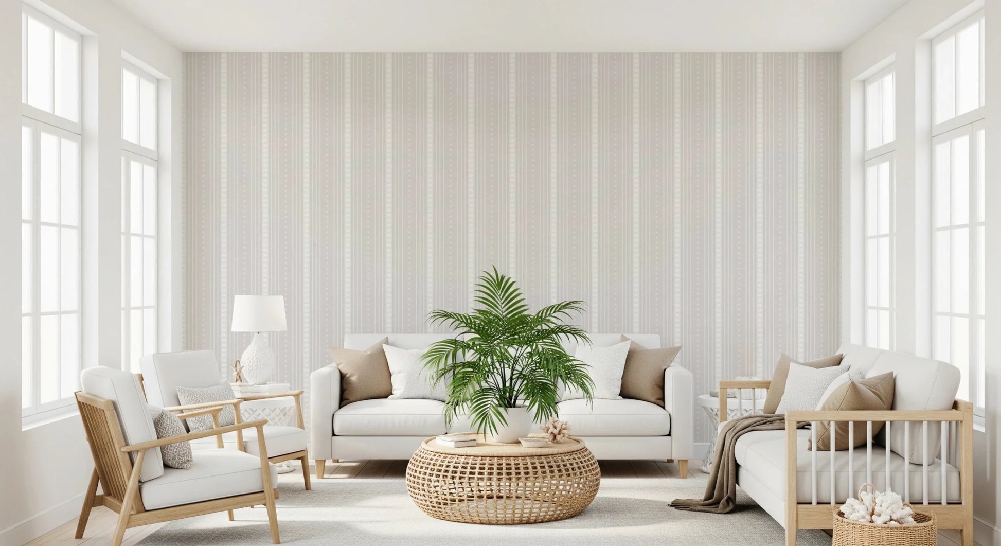 Off-white striped wallpaper for a modern living room feature wall