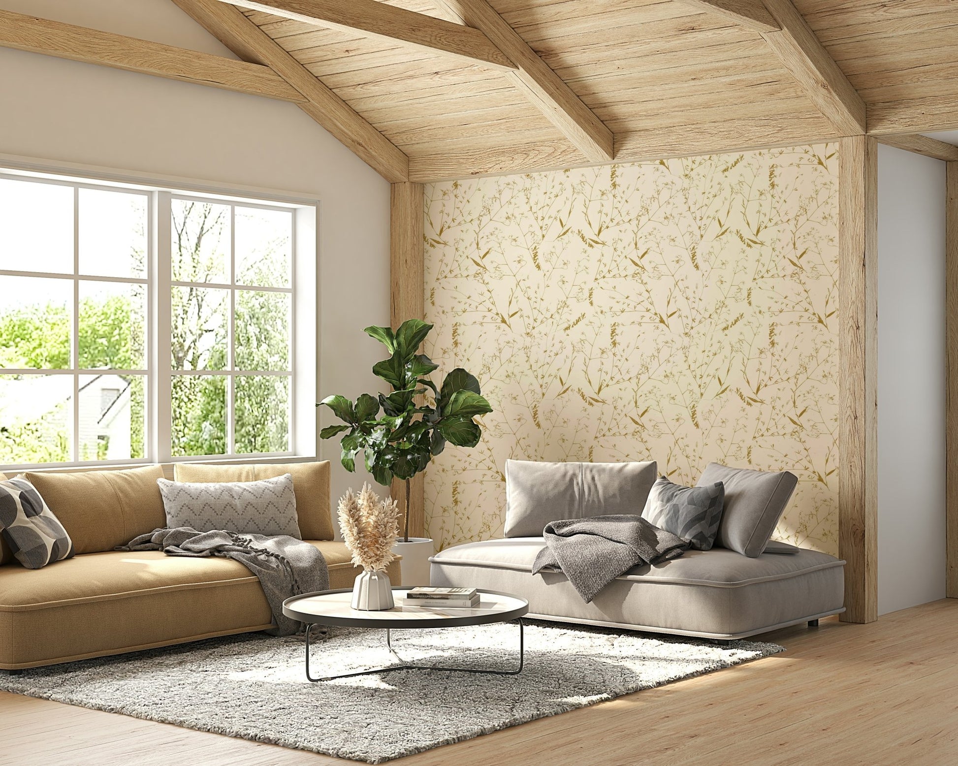 A calming landscape wallpaper mural that defines a space.

