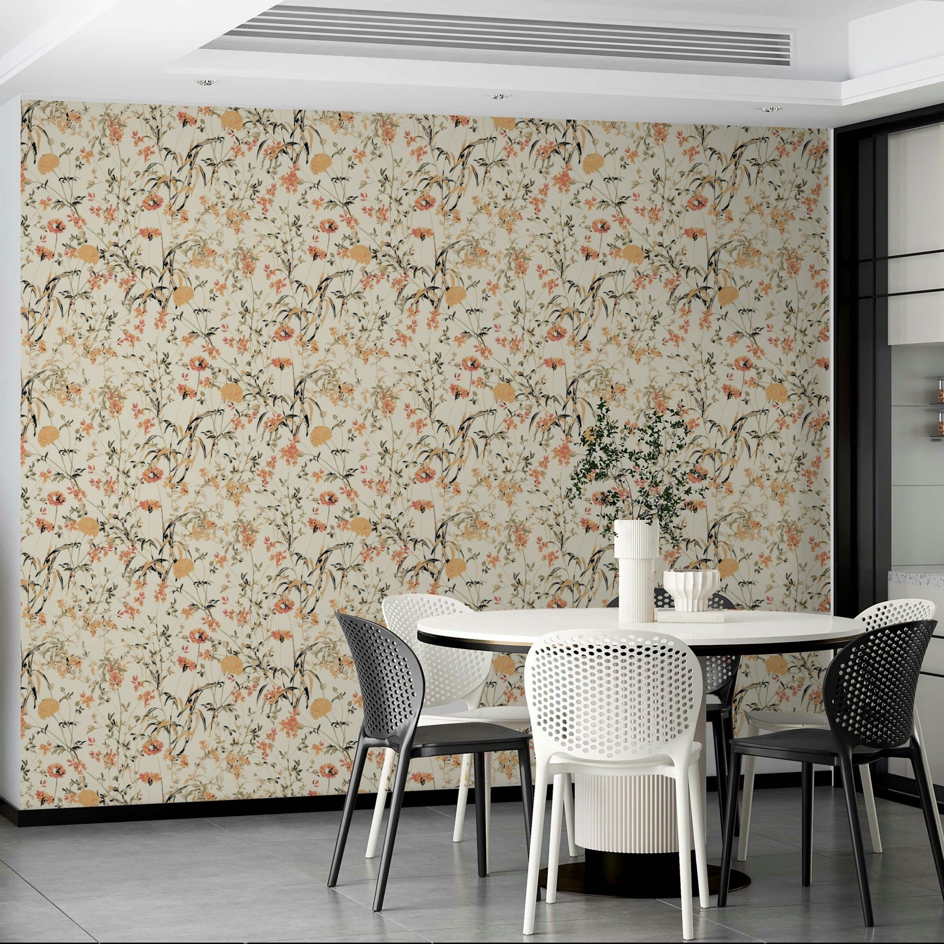 A minimalist home office with the subtle summer wallpaper.