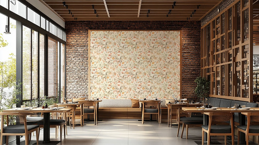 A contemporary living room with a large subtle summer wall mural.