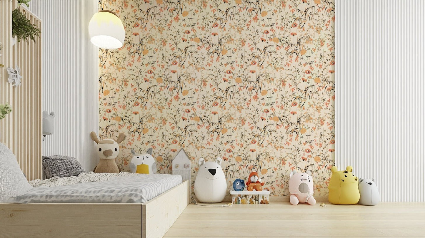 A bedroom with the wall mural behind the headboard.
