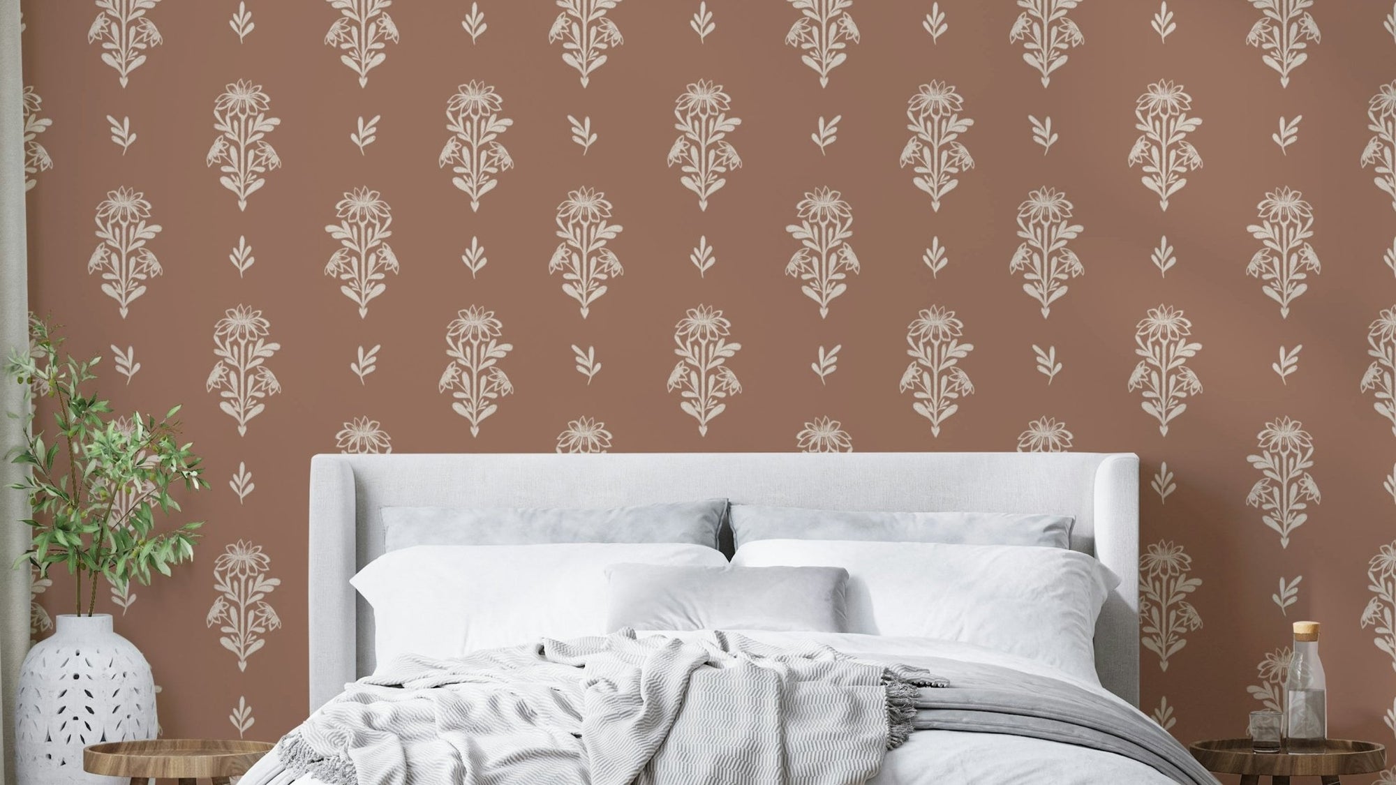 Subtle Terracotta Floral wallpaper on living room wall, GD1092