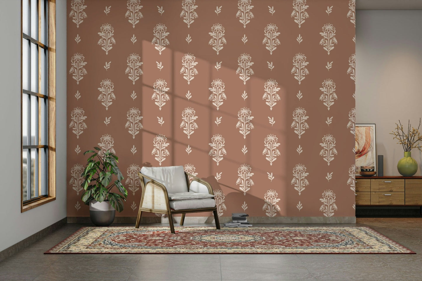 Cozy nook with terracotta floral wallpaper

