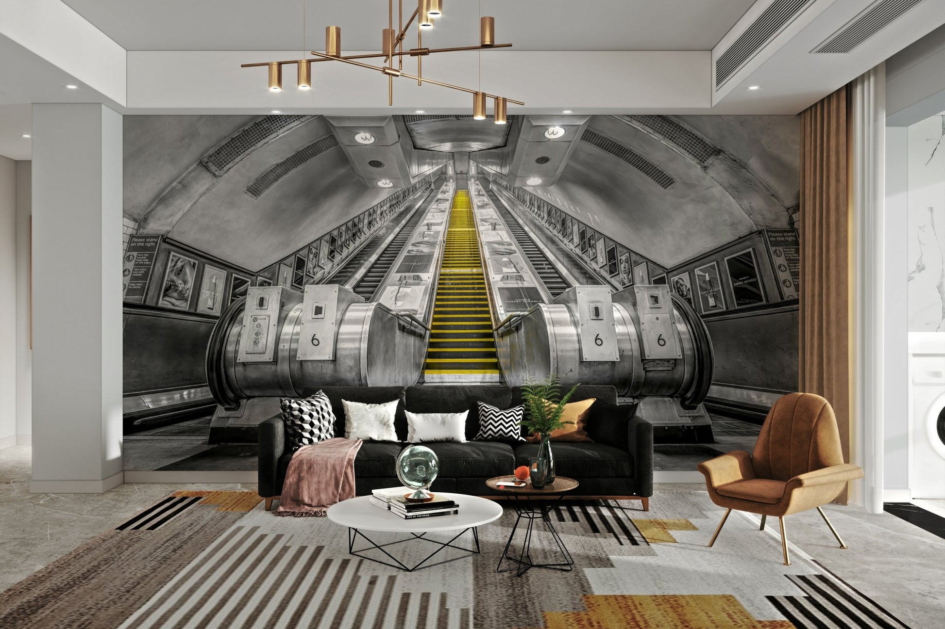 Bold mural of descending subway escalator

