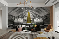 Bold mural of descending subway escalator

