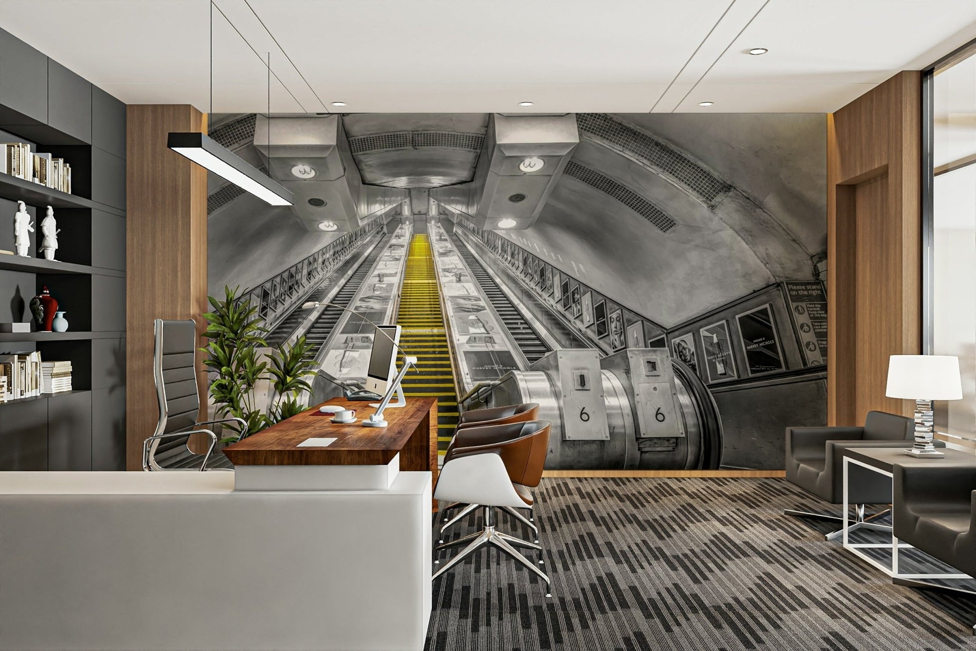 Perspective escalator mural with tunnel light

