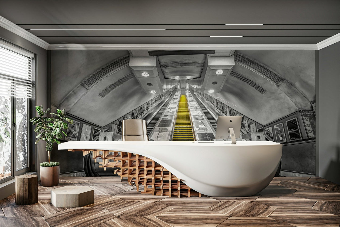 Subway escalator wall mural with urban depth

