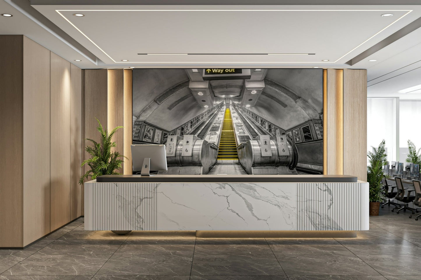 Futuristic wall mural of subway movement

