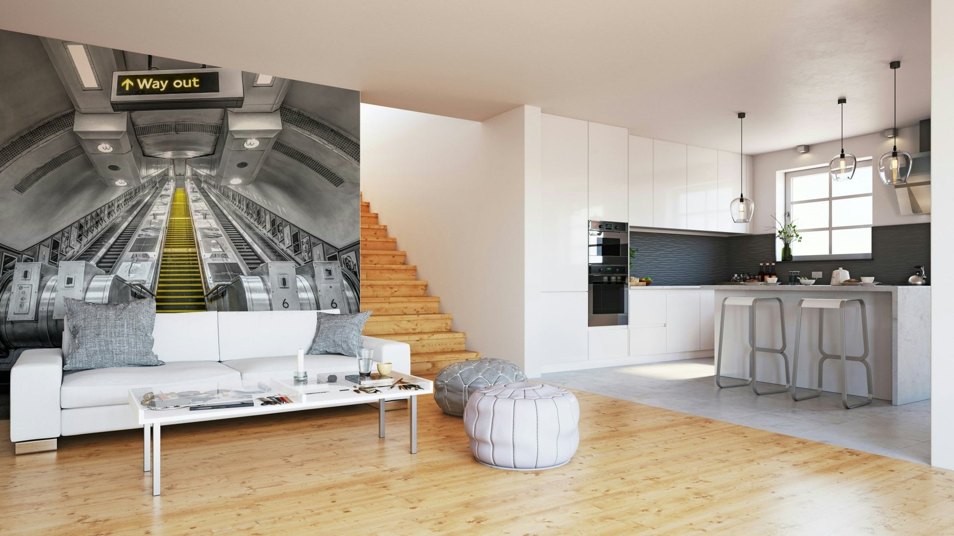 Urban transit wall mural with escalator detail

