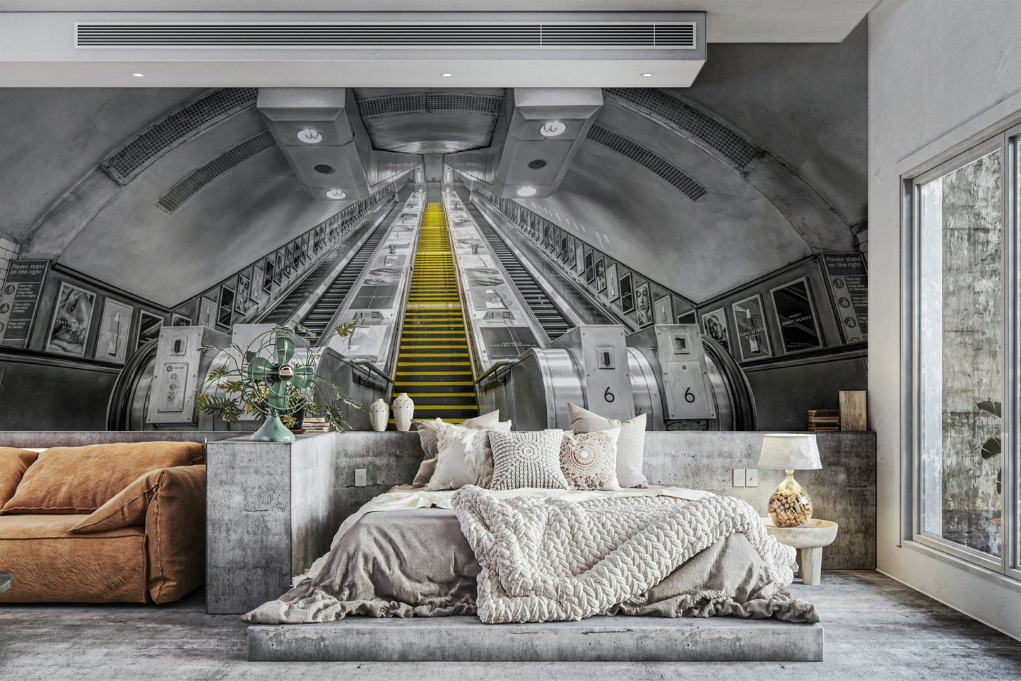 Urban architecture mural with transit theme

