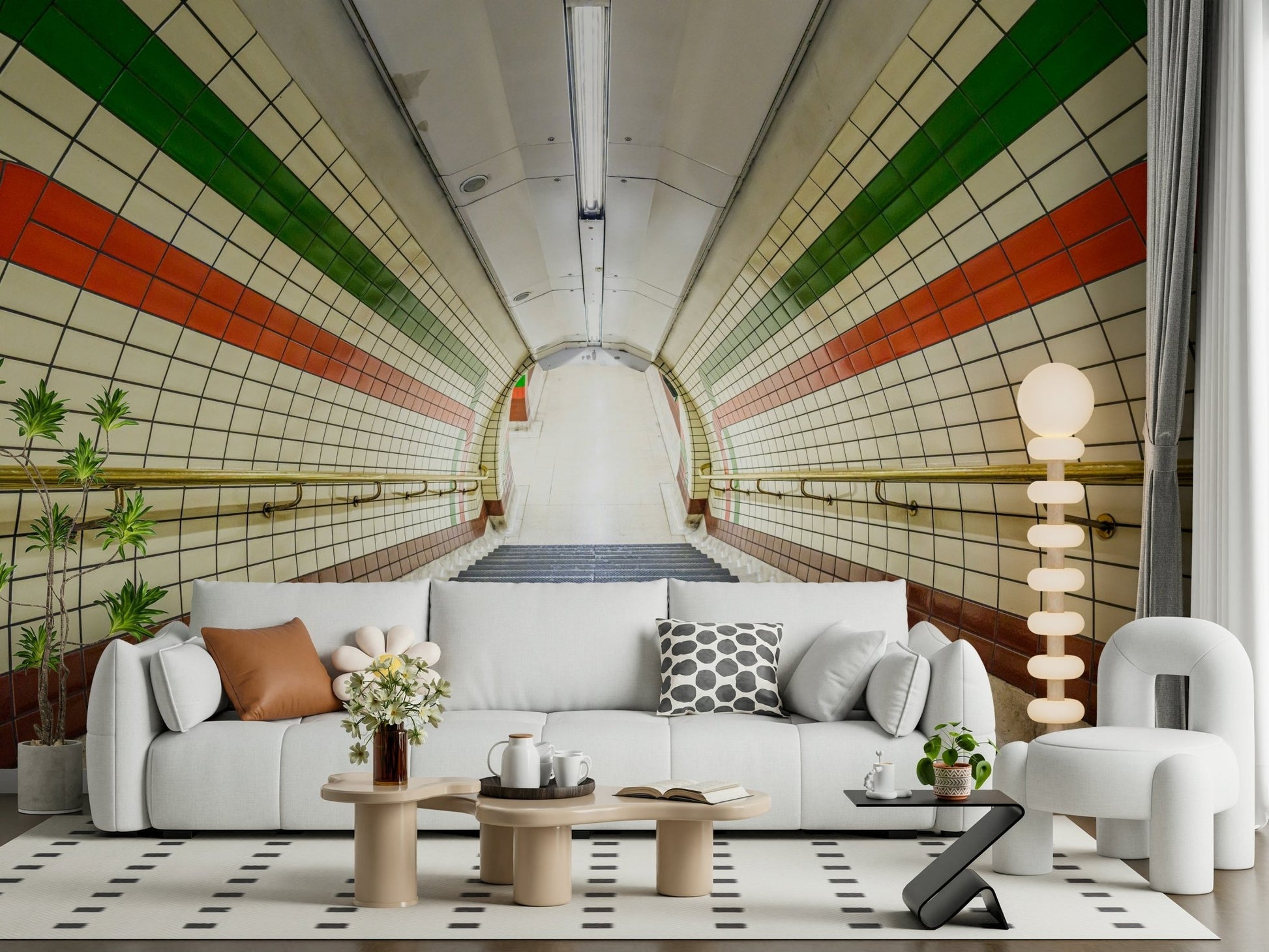 Brightly lit Subway Tiled Descent Wall Mural tunnel graphic.