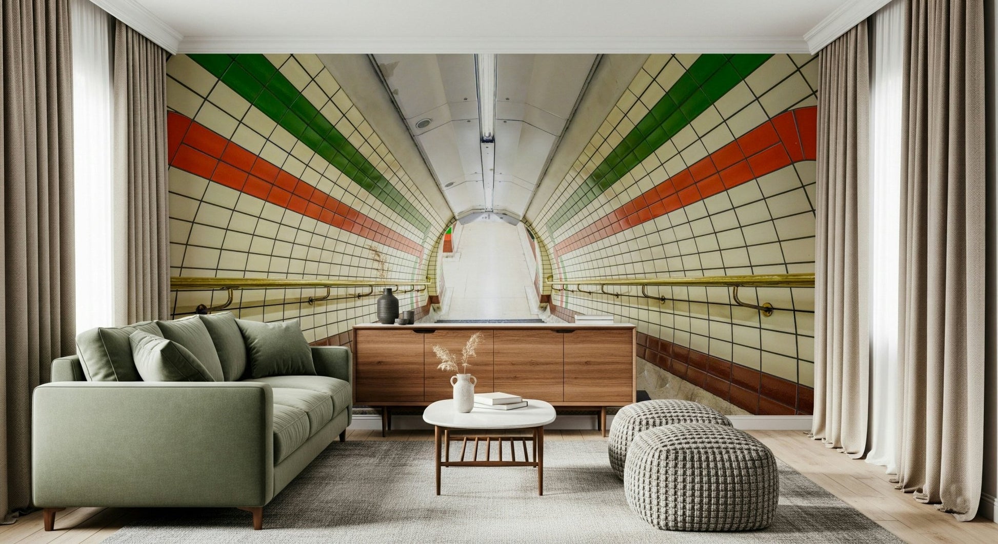 Red and green Subway Tiled Descent Wall Mural stripe detail.