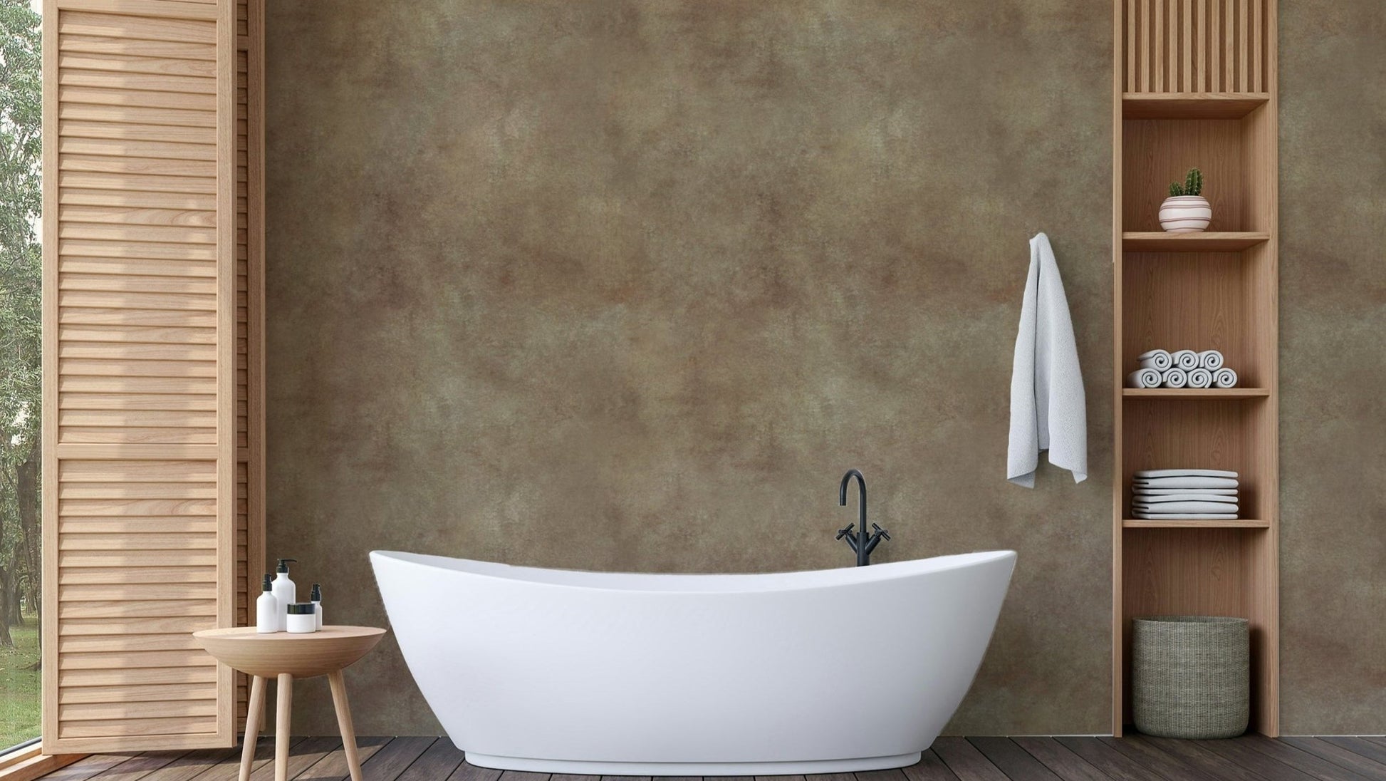 Faux suede wallpaper in warm neutral chamois tone.

