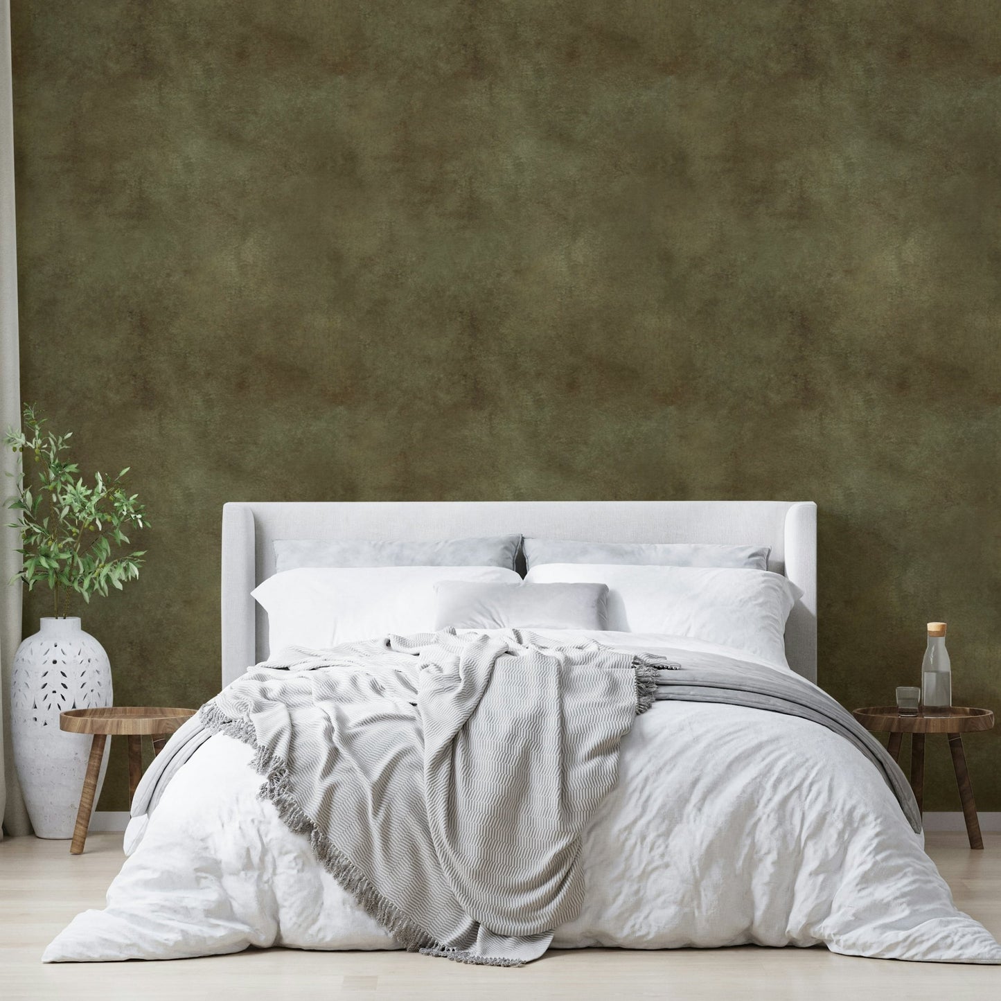 Olive-toned wallpaper mimicking soft suede finish.

