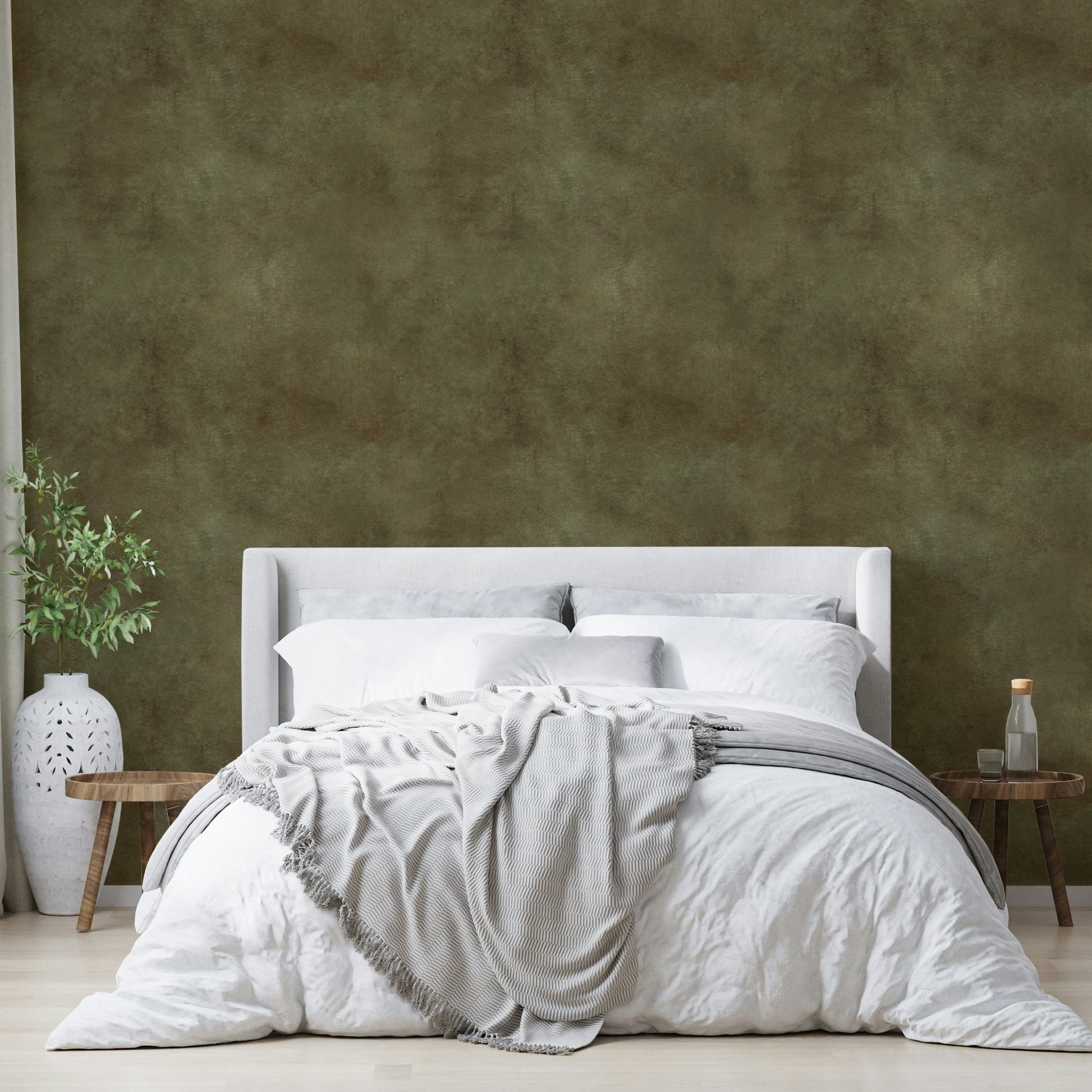 Olive-toned wallpaper mimicking soft suede finish.

