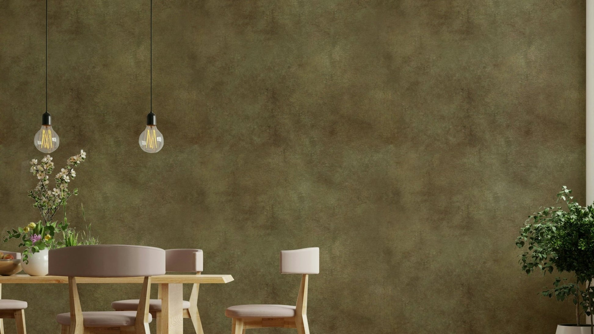 Sueded leather-inspired wallpaper in earthy olive tone.

