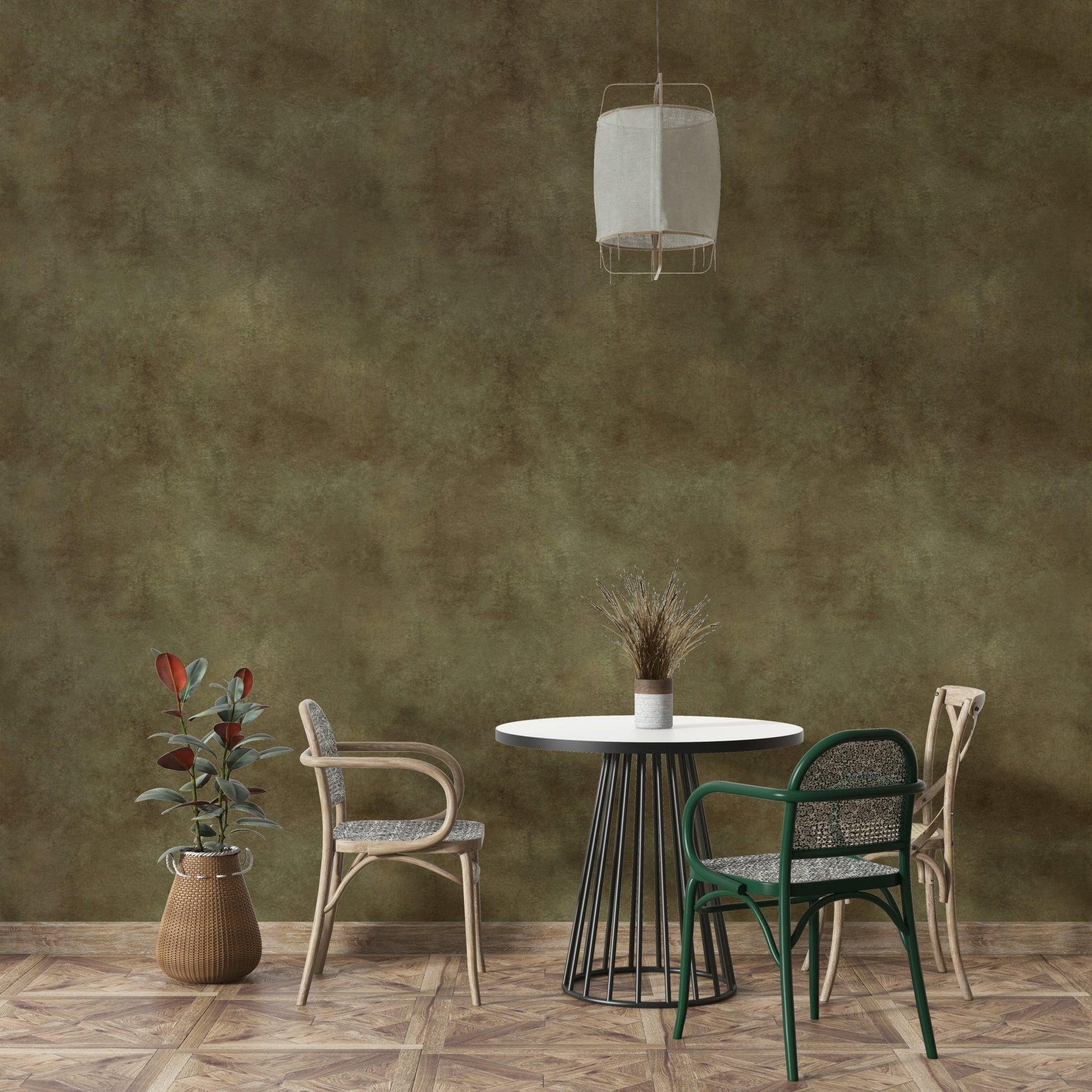 Textured faux suede wallpaper in natural green.

