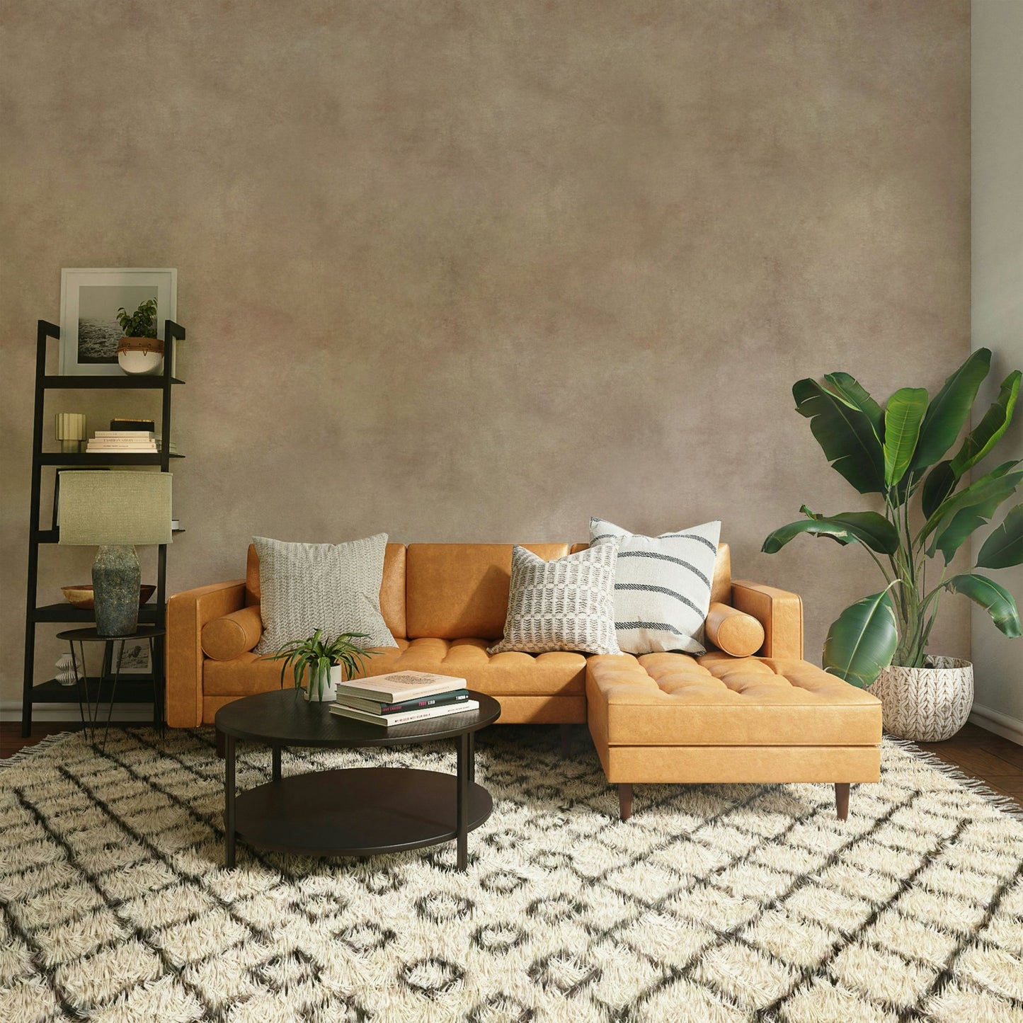 Feminine suede-effect wallpaper in pale pink tones.

