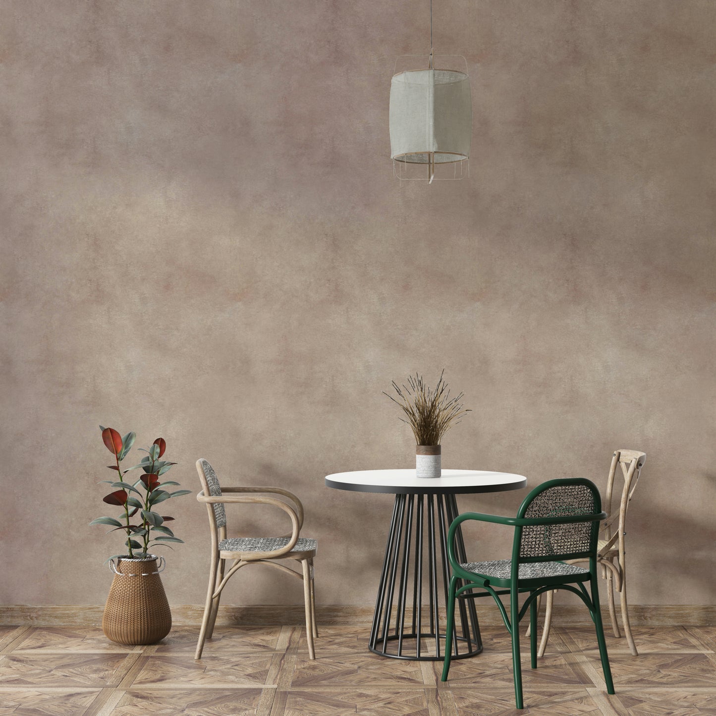 Textured powder pink wallpaper for subtle luxury.

