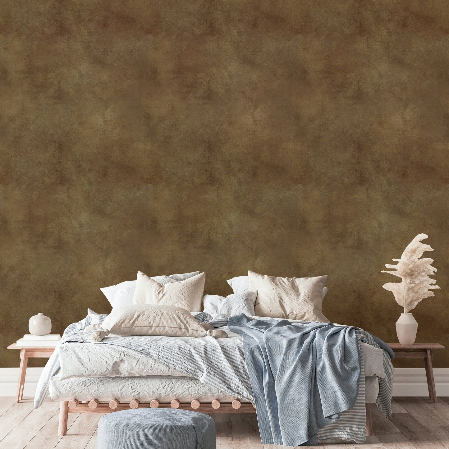 Textured wallpaper mimicking tobacco-colored suede.

