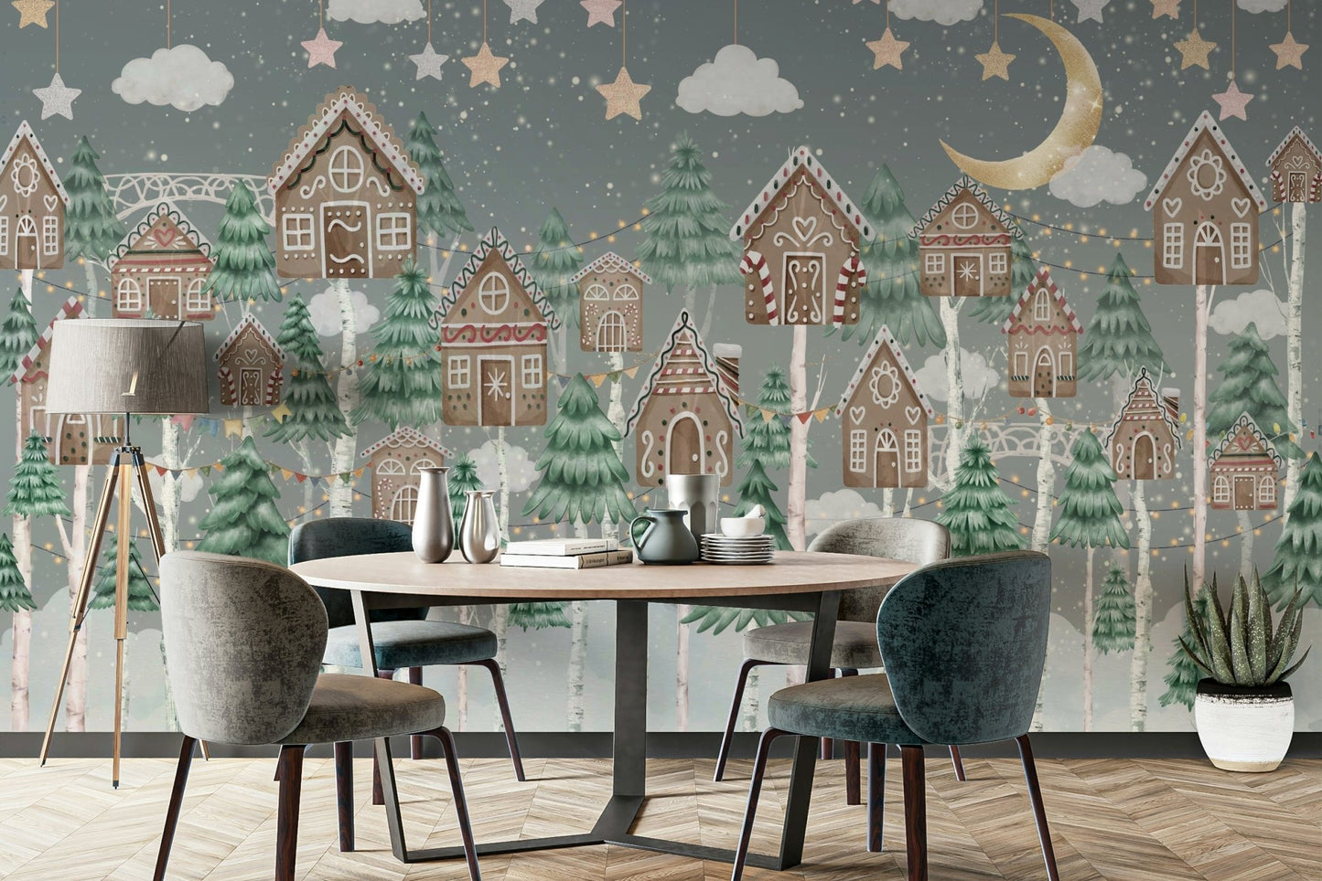 A whimsical wall mural with a magical forest scene.


