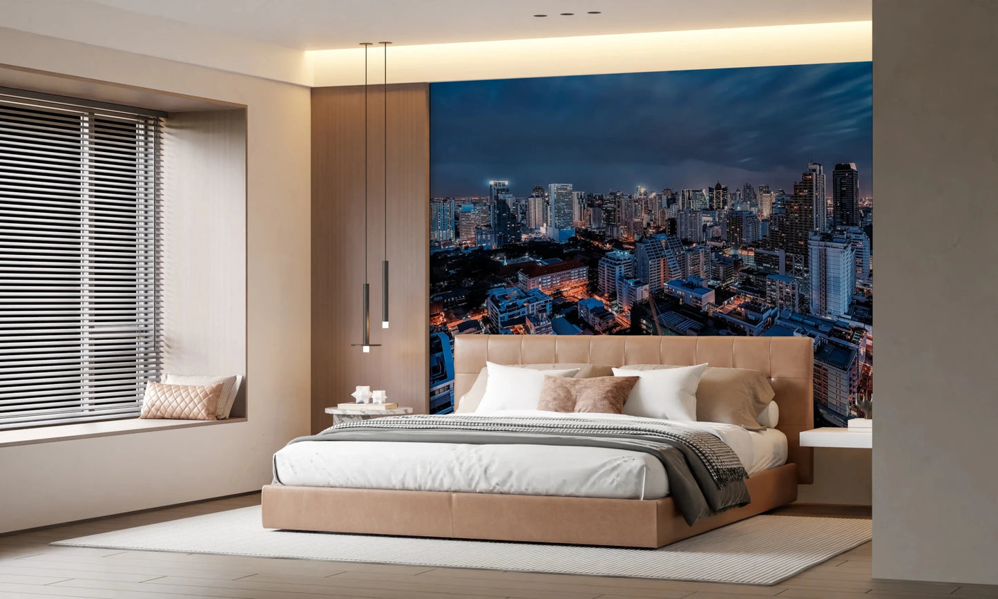 Modern wallpaper showing an aerial view of urban buildings at dusk