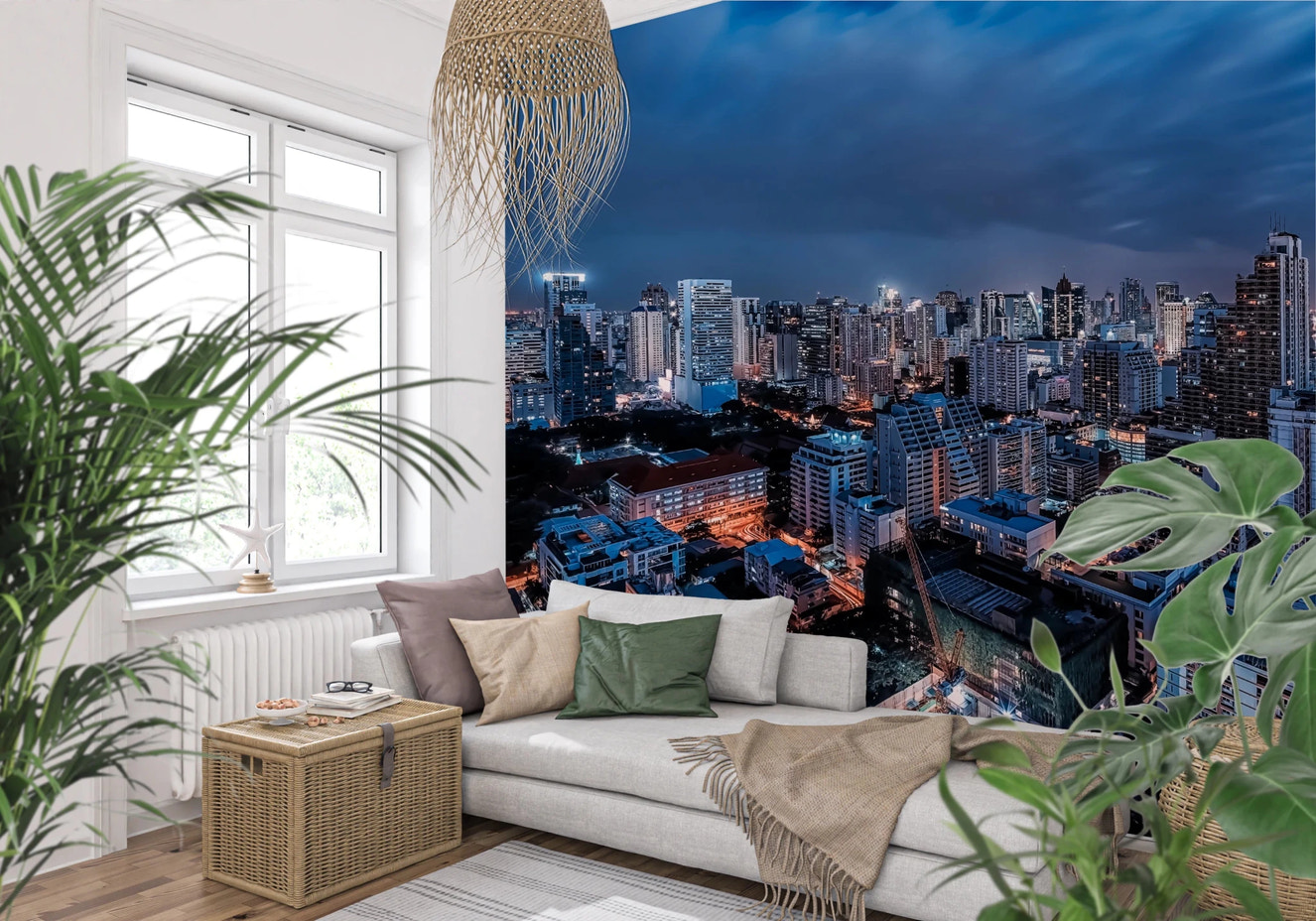 Sukhumvit District Wall Mural featuring a vibrant night city skyline for living rooms