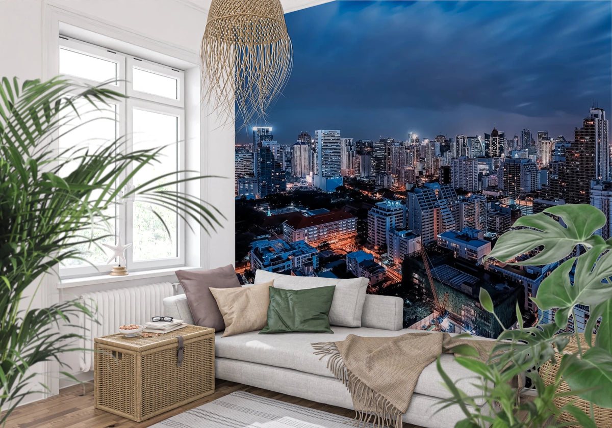 Sukhumvit District Wall Mural featuring a vibrant night city skyline for living rooms, GD8373