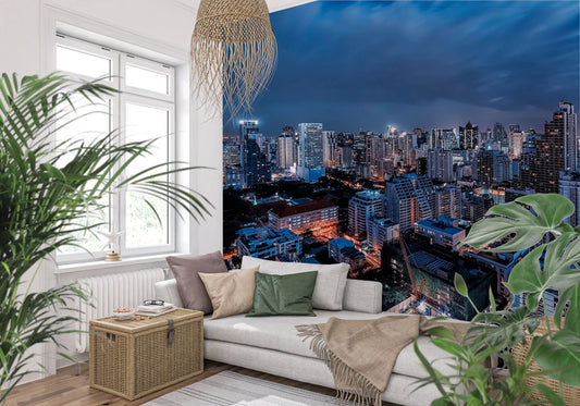 Sukhumvit District Wall Mural featuring a vibrant night city skyline for living rooms