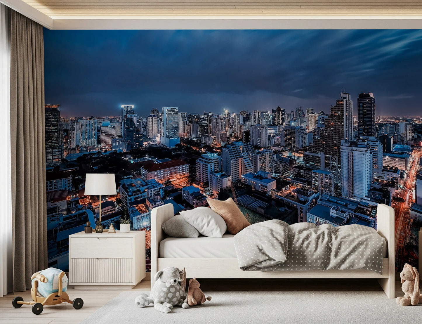 Detailed urban wall mural capturing a sprawling metropolis for study rooms