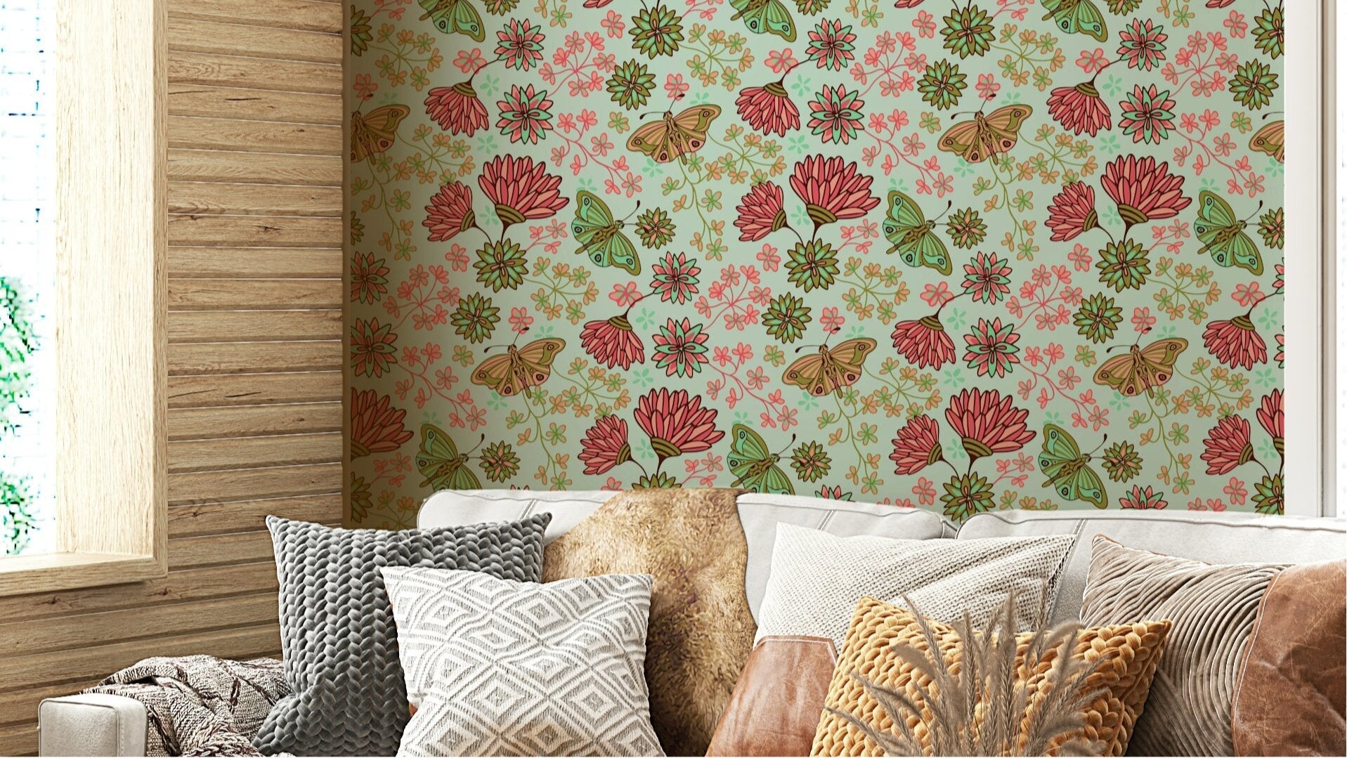 Summer Breeze Butterfly Floral Cottagecore Pink Green Wallpaper⁠GD3867