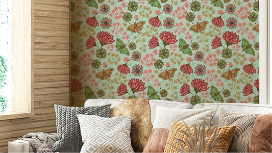 Summer Breeze Butterfly Floral Cottagecore Pink Green Wallpaper⁠GD3867