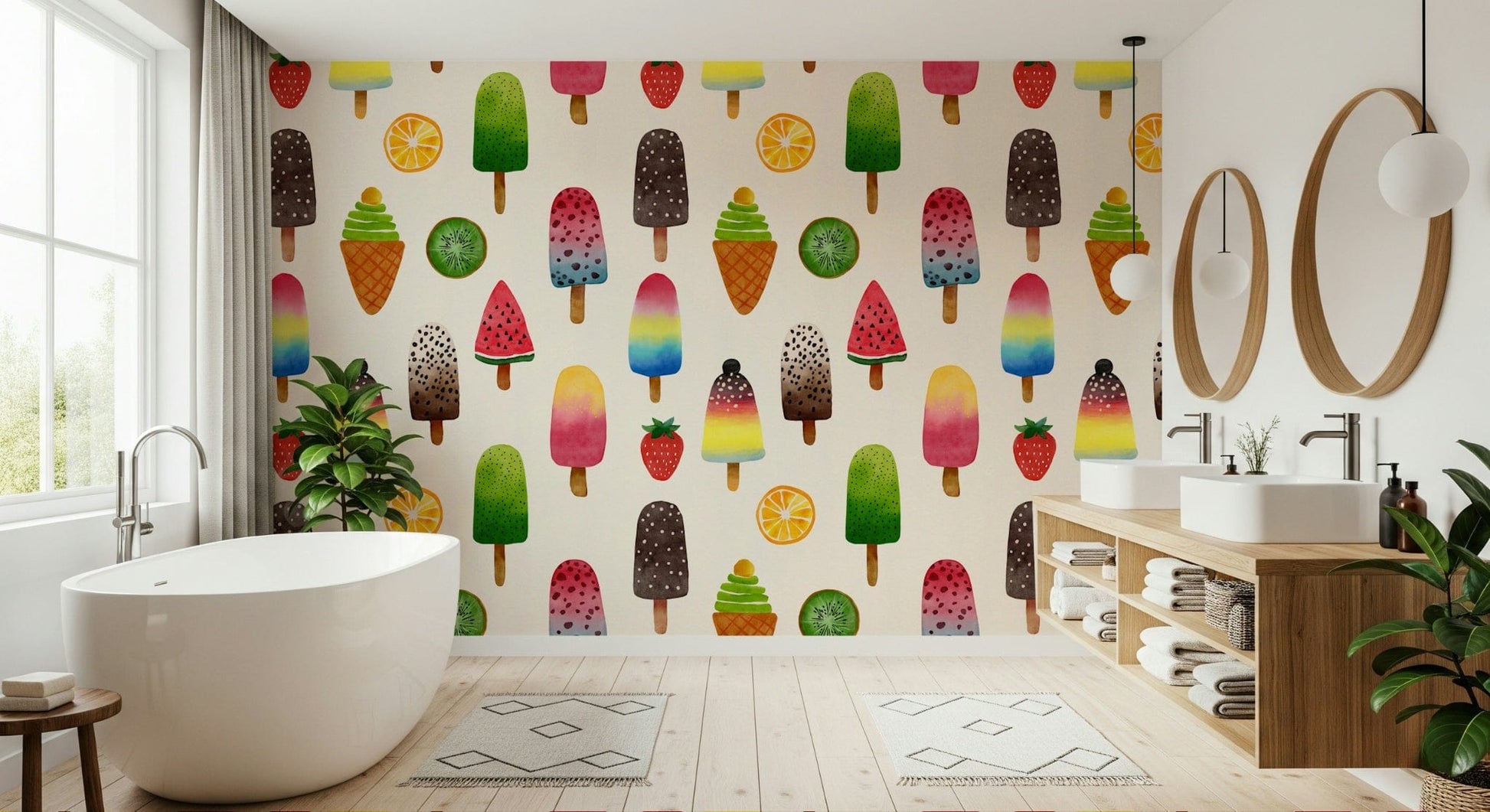 Vibrant dessert pattern wall mural for a kitchen area.