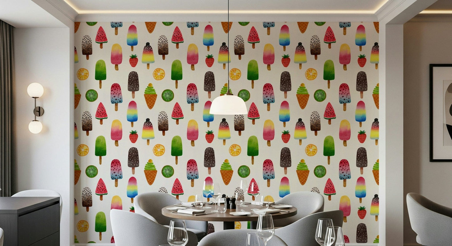 Summer Ice Pops wallpaper in a minimalist dining space.