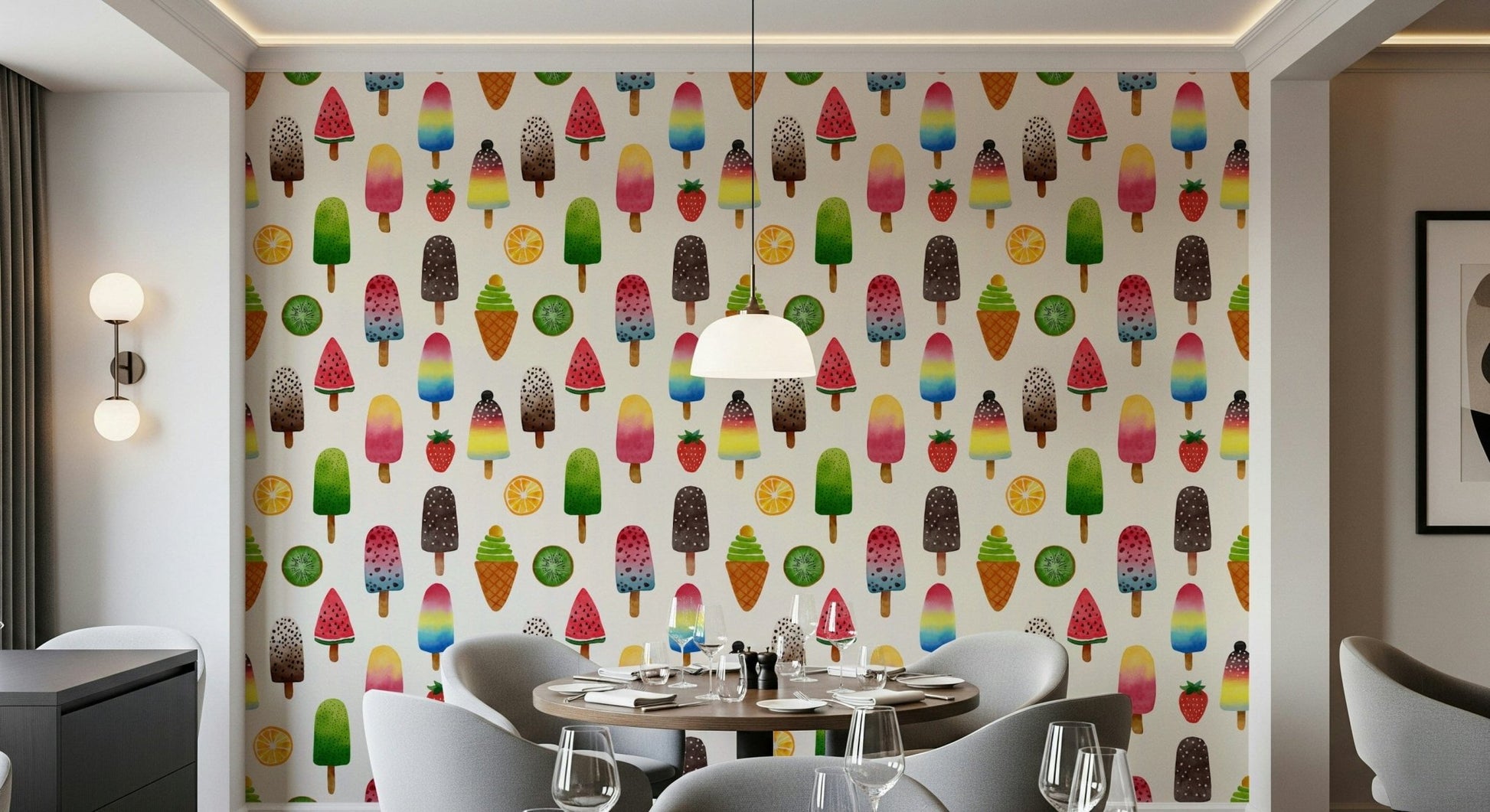 Summer Ice Pops wallpaper in a minimalist dining space.