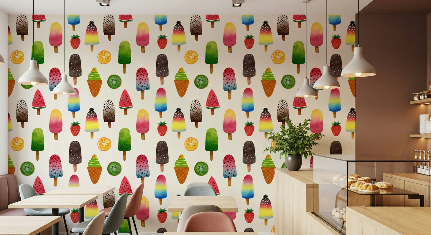 Summer Ice Pops wallpaper in a creative home office.