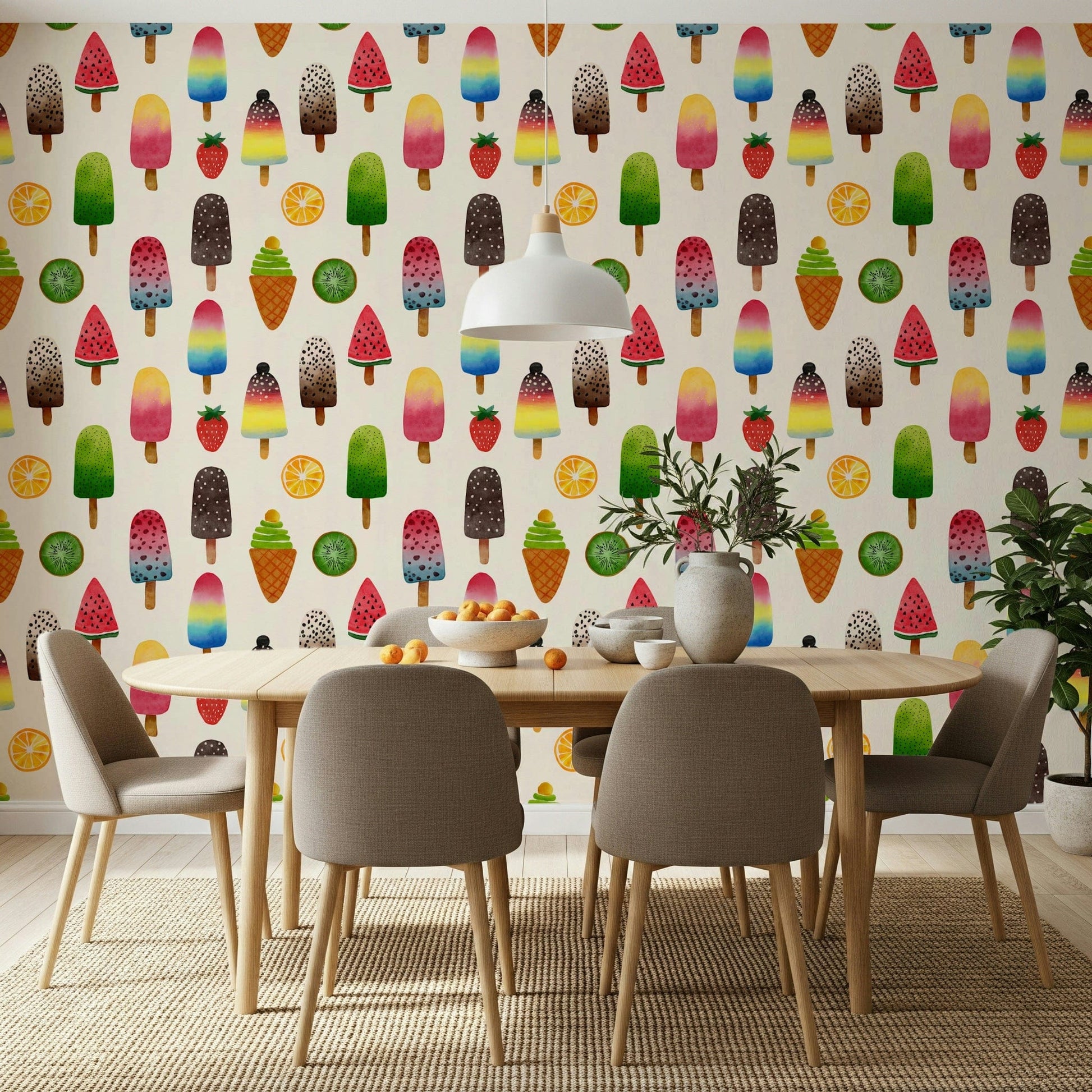 Summer Ice Pops wallpaper behind a neutral white sofa.