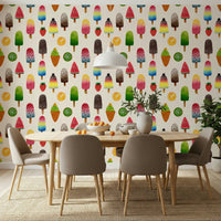 Summer Ice Pops wallpaper behind a neutral white sofa.