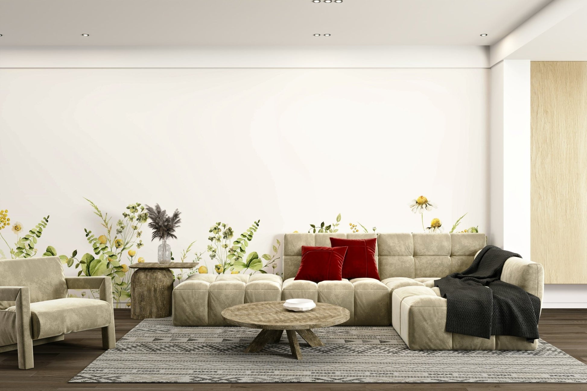 Floral wall mural with summer meadow bloom designs, GD1244