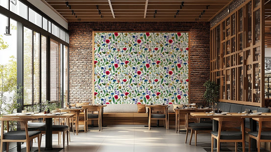 Summer meadow wallpaper with wildflowers and grasses., GD1814