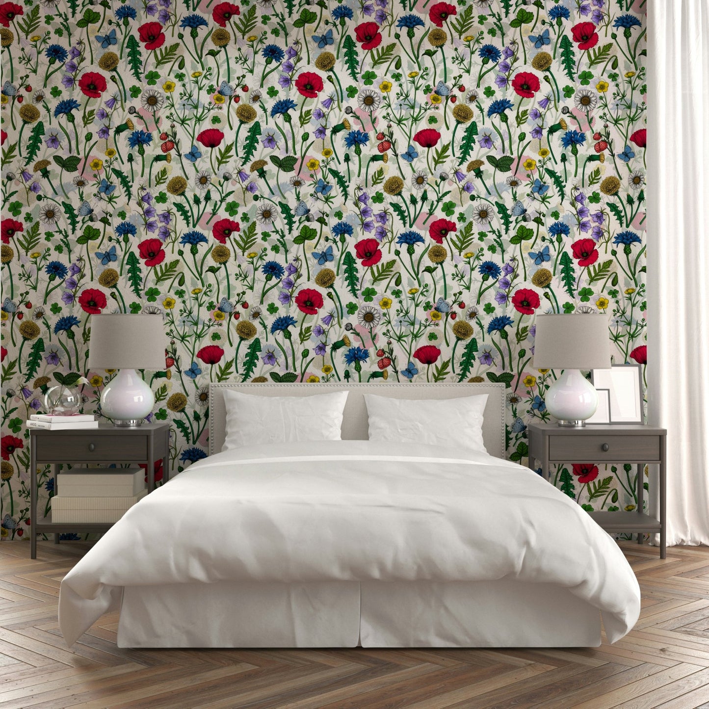 Romantic wildflower meadow wallpaper for nature-inspired decor.

