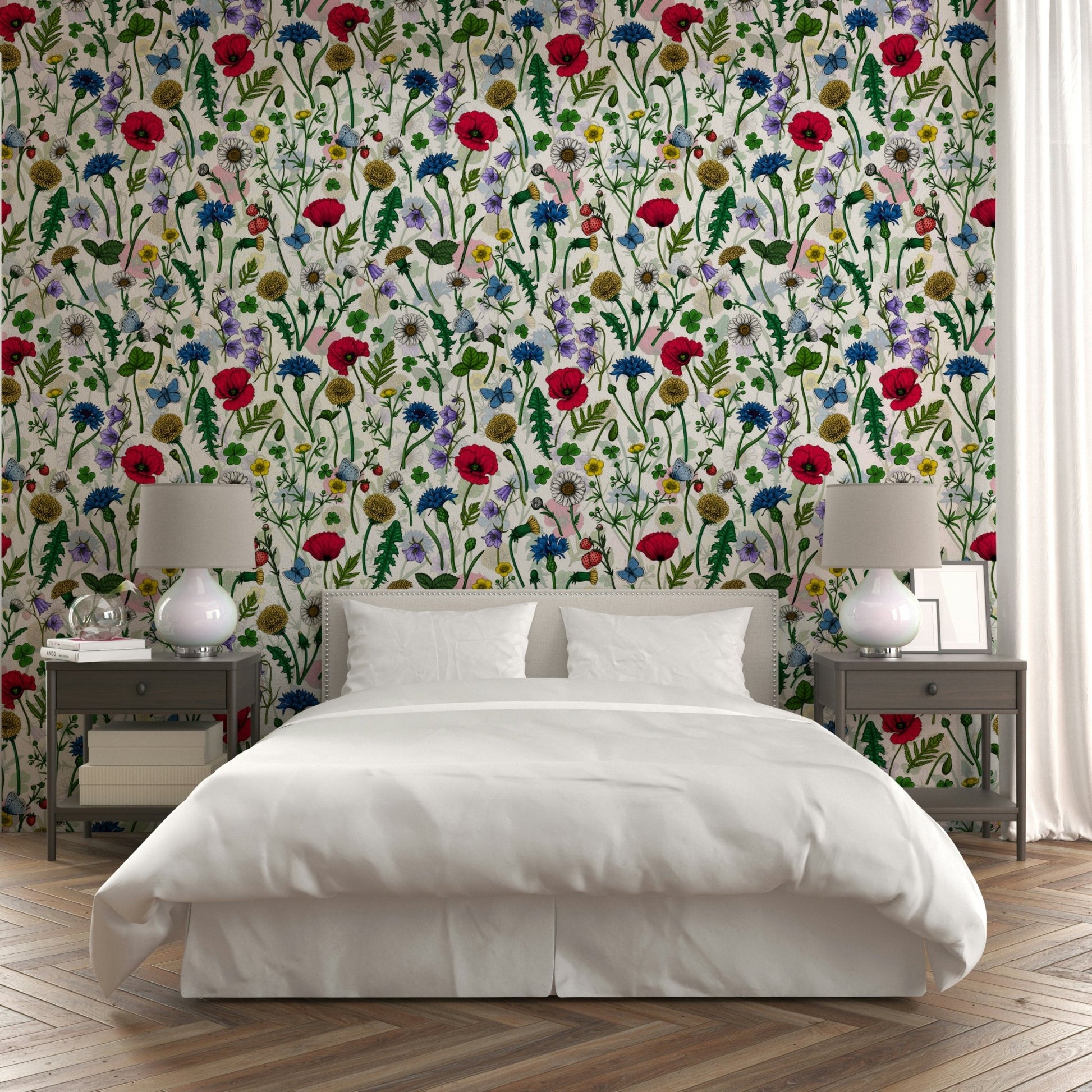Romantic wildflower meadow wallpaper for nature-inspired decor.

