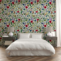 Romantic wildflower meadow wallpaper for nature-inspired decor.

