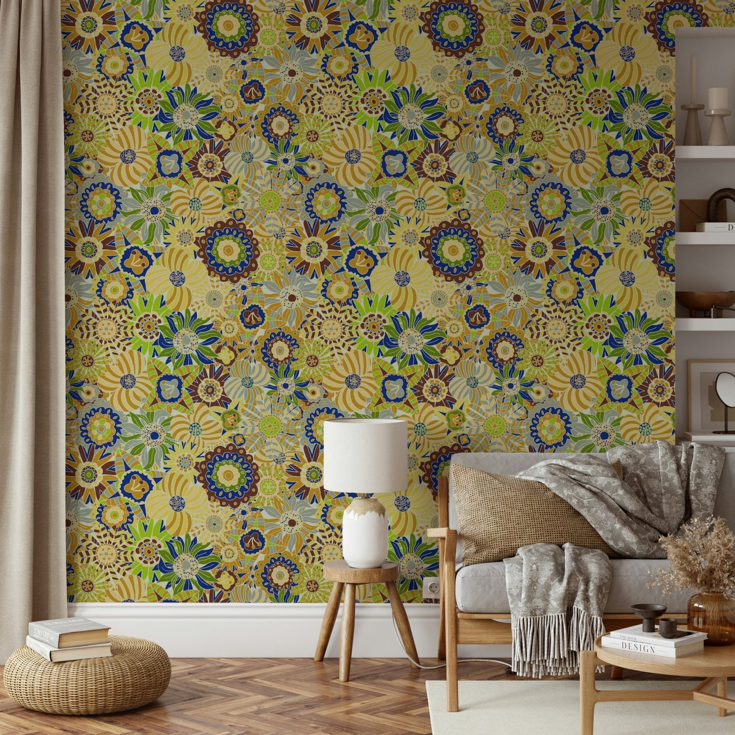 Scandi Round Flowers wallpaper for a modern living room.

