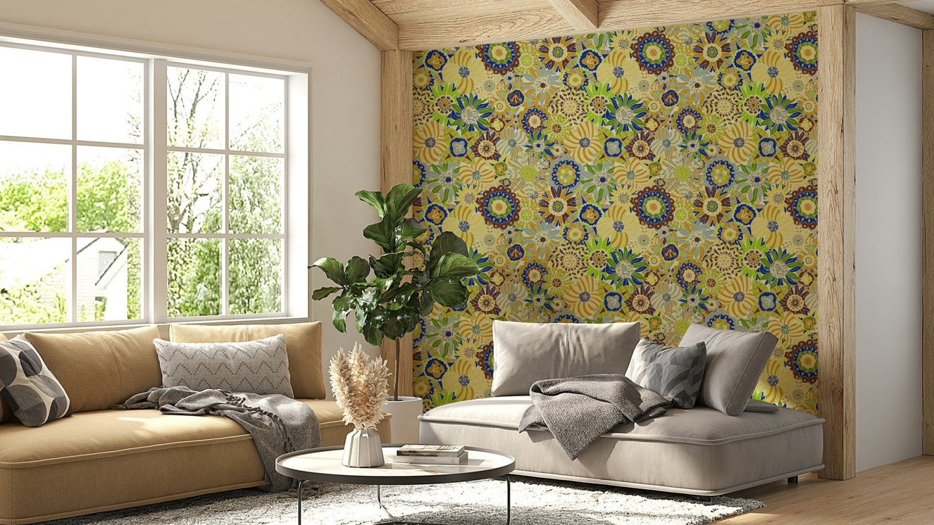 Design featuring flowers in bright yellow, green, and blue.

