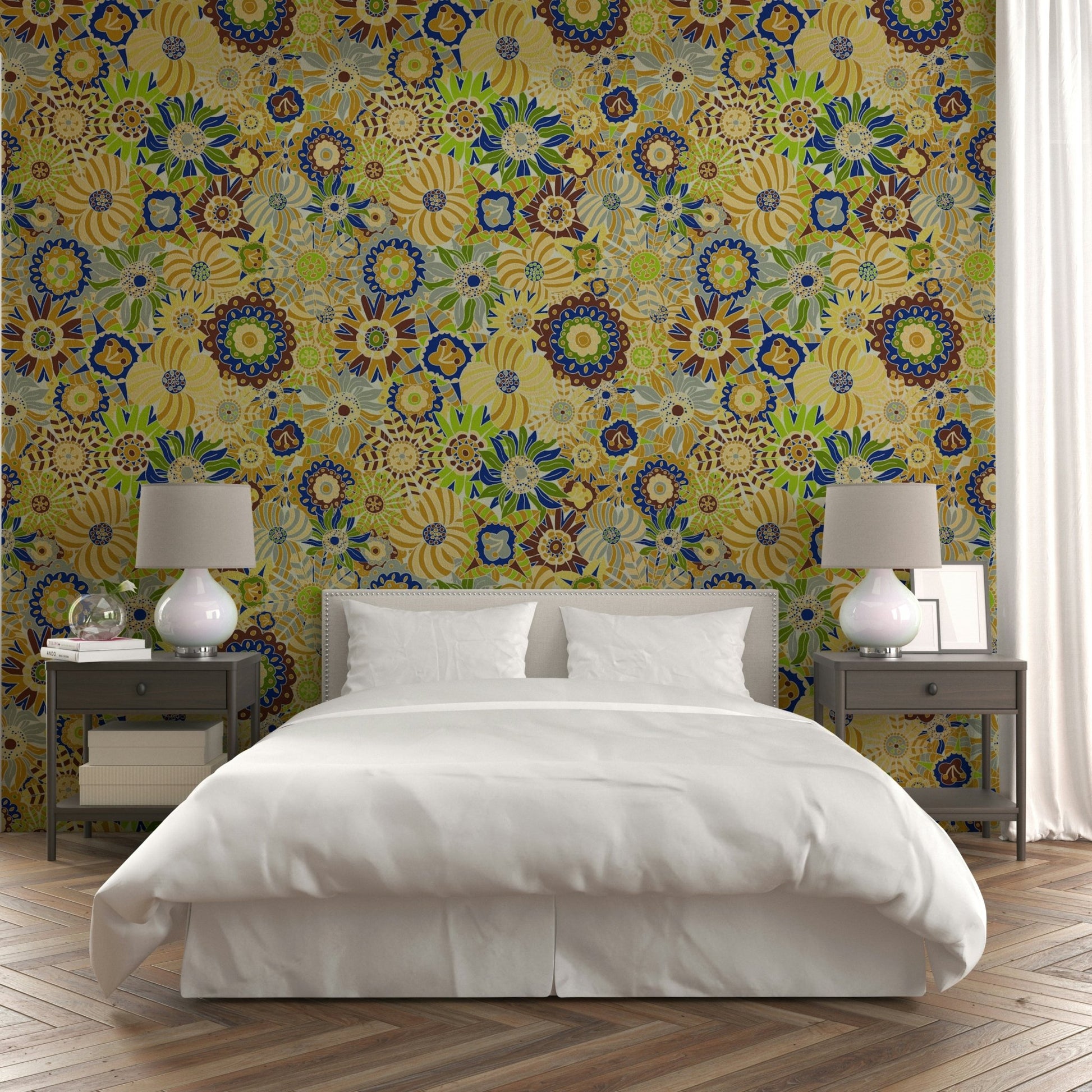 Wallpaper with a folk-art-inspired Scandinavian style.

