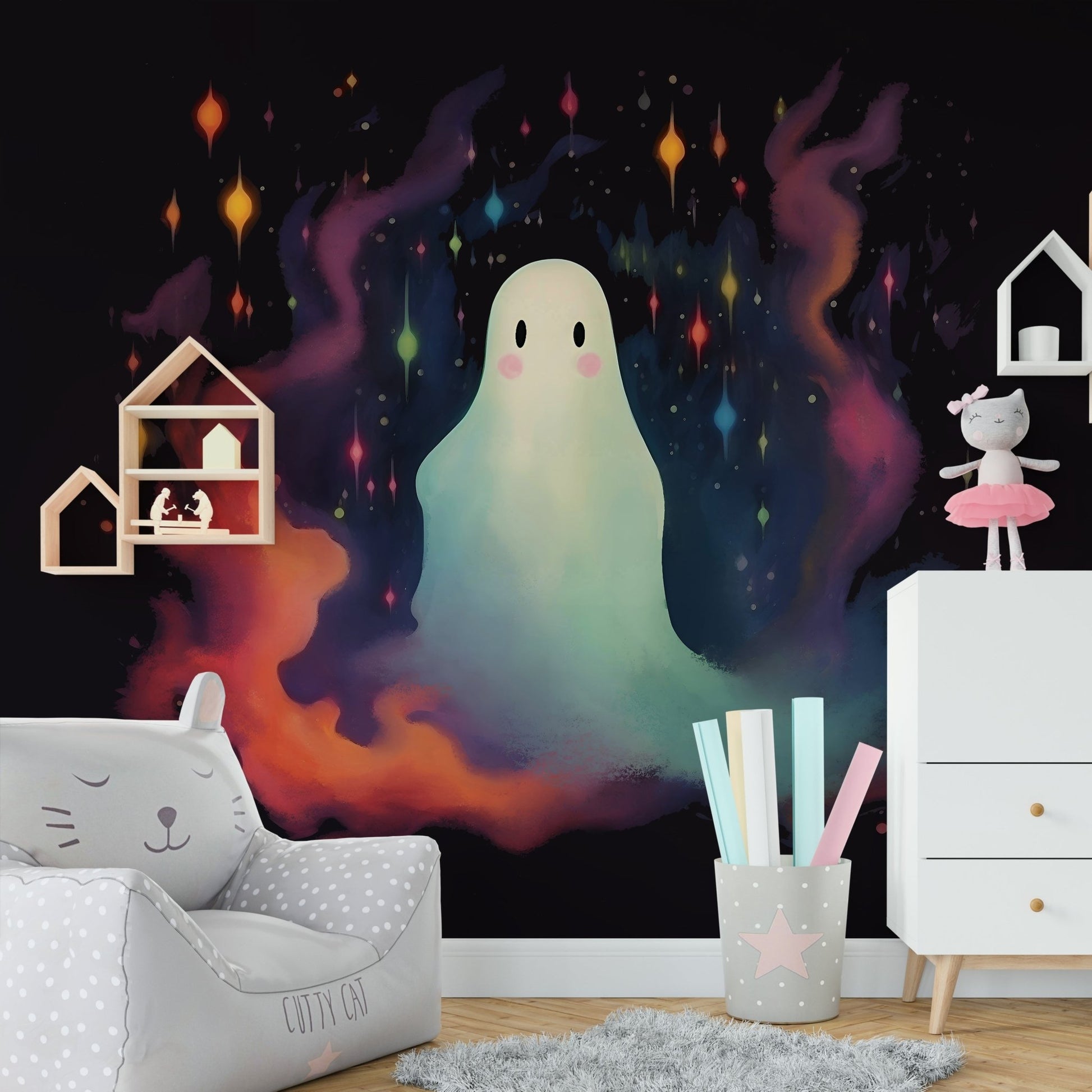 The Summer Night Ghost Wall Mural on a bedroom wall.
