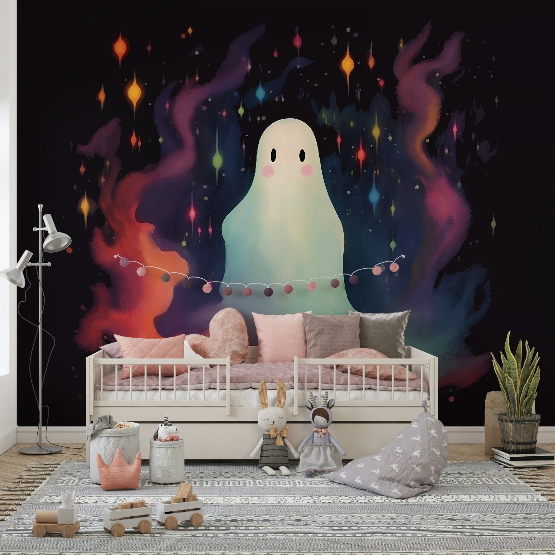 The mural depicts a peaceful outdoor scene at night.
